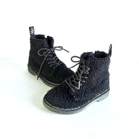 DR MARTENS Junior 1460 Pascal Tinsel Fur Lace Up Boots Black 12 29 Sparkly Girls - Picture 1 of 14